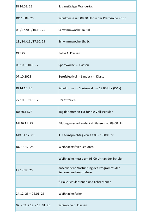 Termine Schuljahr 2025-26