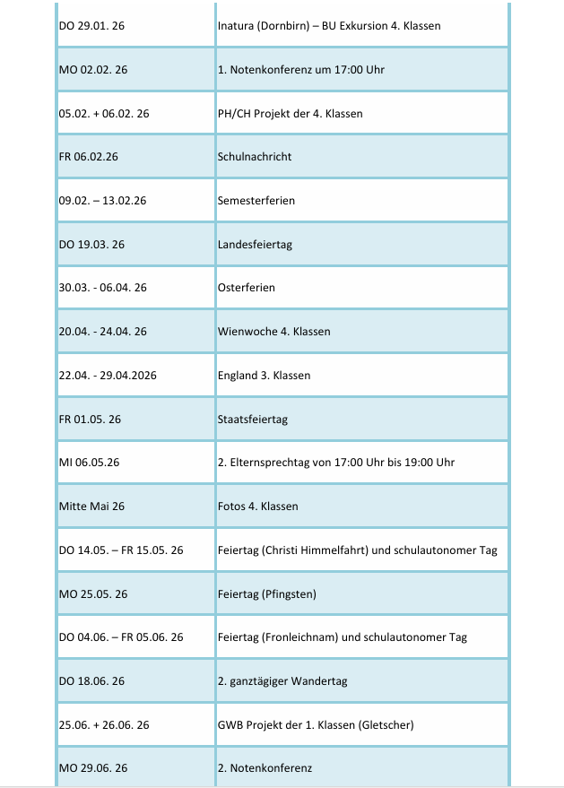 Termine Schuljahr 2025-26