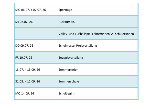 Termine Schuljahr 2025-26